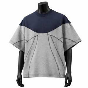 Camiseta Oversize para Hombre con Bloques de Color, Manga Corta, Cuello Redondo, Tejido Casual, Gris Marino Sólido con Ribete en Contraste, 100% Algodón - Product Image 1
