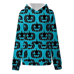 Premium Women's Sublimated <b>Halloween</b> <b>Hoodie</b> All Over Teal Blue Jack O Lantern Pumpkin Print Polyester Pullover Sweatshirt OEM - Product Image 1