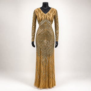 Vestido de Noche de Lujo con Cuentas Doradas Champán para Mujer, Elegante Vestido Largo Formal con Cuello en V, Manga Larga, para Fiesta, Cóctel o Graduación - Product Image 1