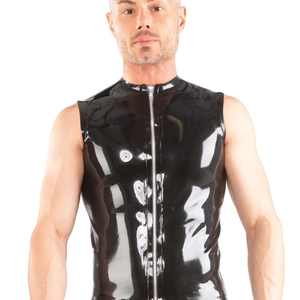 Men's Sleeveless High Collar Neoprene Vest <b>Gothic</b> Style Slim Fit Solid Black Glossy Front Zip Design - Product Image 1