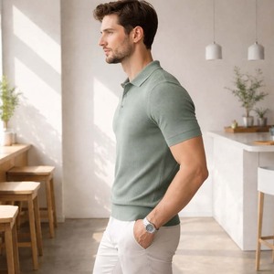 Polo de punto gofrado personalizado para hombre, verde salvia, manga corta, mezcla de algodón texturizado, corte ajustado informal, estilo urbano de verano - Product Image 6