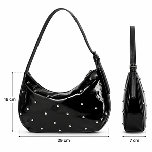 Black Rivet PU Vintage Fashion Shoulder <b>Bag</b> Moon <b>Handbag</b> with Zipper Closure Single Strap Polyester Lining for Outdoor <b>Travel</b> - Product Image 2
