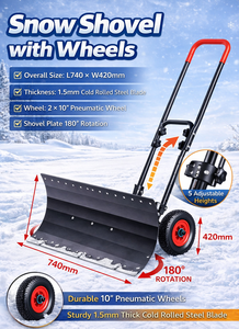 Pousse-neige à lame rotative en forme de U avec roues, lame et poignée réglables, pelle à neige en acier de 1,5 mm d'épaisseur ODGWTO020 - Product Image 6