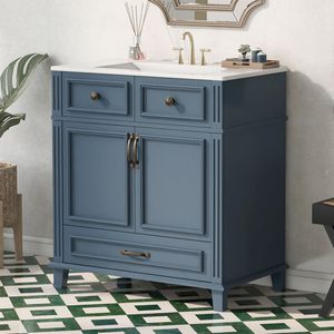 Meuble-lavabo de salle de bain de style rétro de 30 pouces avec portes à fermeture douce, cadre en bois massif et lavabo en céramique, armoire de rangement bleue - Product Image 3