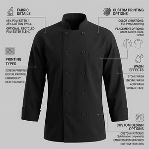 Reddito Black Mandarin Collar Double Breasted Chef <b>Jacket</b> <b>Men</b> Workwear Style Regular Fit Polyester Solid Color <b>Long</b> Sleeve - Product Image 4
