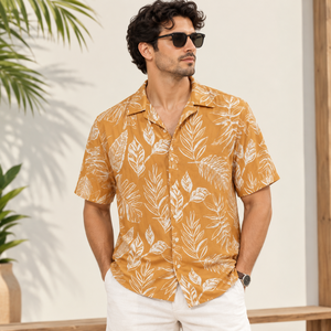 Camisa de Cuello Camp Collar para Hombre, 100% Algodón, Estampado Tropical, Manga Corta, Informal, para Playa, Verano, Vacaciones - Product Image 4
