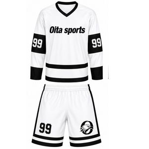 Men White Sublimated Ice Hockey Set Jersey Shorts Polyester Striped <b>Athletic</b> Sports Outfit Team Match Wear Apparel - Product Image 1