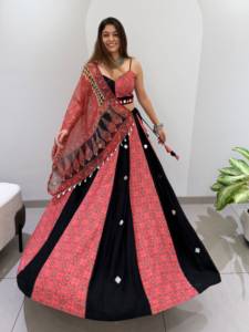 Indian Women's <b>Red</b> <b>Black</b> Printed Lehenga Choli Set Traditional <b>Wedding</b> Wear Floor-Length Polyester <b>Dress</b> Stretchable Loose Fit - Product Image 1