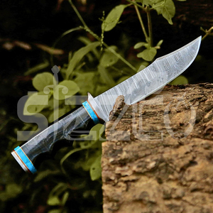 Couteau de chasse Bowie en acier Damas fait main sur mesure OEM, manche en corne de taureau, lame fixe, couteau de camping et d'extérieur EDC avec étui en cuir - Product Image 2
