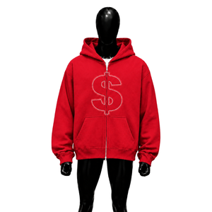 Sweat-shirt à capuche zippé surdimensionné rouge avec broderie signe dollar, streetwear personnalisé, molleton épais pour hommes et femmes - Product Image 1