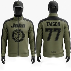 Veste d'entraînement de hockey sur glace unisexe, polaire polyester premium 330 g/m², à capuche, automne, vert olive, panneaux noirs aux épaules, logo personnalisé - Product Image 1