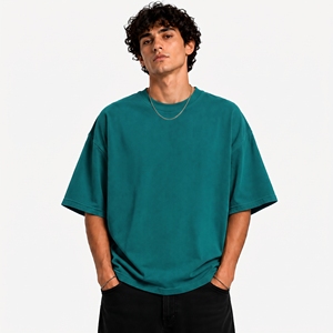 เสื้อยืดโอเวอร์ไซส์สีเขียวเข้มล้วน ผ้าคอตตอนหนา สไตล์สตรีทแวร์ ทรงหลวม ไหล่ตก ทรงบ็อกซี่ คอกลม  ขายส่ง - Product Image 6