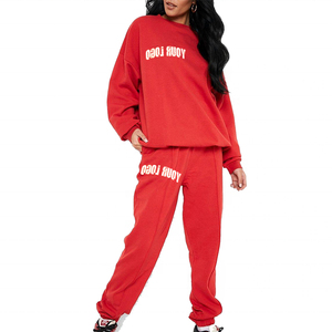 Conjunto Deportivo Rojo para Mujer, Color Sólido, Manga Larga, Casual, Cuello Redondo, Corte Holgado, 100% Algodón, Estampado de Letras - Product Image 2