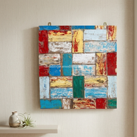 DIVADI Panneau mural carré en mosaïque Art Déco en bois de bateau recyclé fait main, design patchwork nautique vintage en acier inoxydable