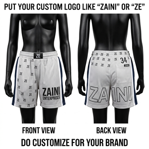Pantalones Cortos de Baloncesto para Mujer, Premium, 180 GSM, Malla Transpirable, Paneles Laterales Blancos y Azul Marino, Logotipo Personalizado, OEM - Product Image 1