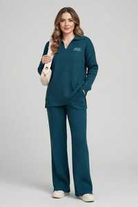 ONETEN APPARELS Conjunto Deportivo de Punto Acanalado Color Verde Azulado para Mujer, Manga Larga, Cuello Polo, Dobladillo Dividido, Conjunto Casual de 2 Piezas - Product Image 1