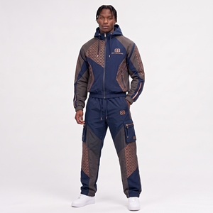 Conjunto deportivo de dos piezas para hombre, color verde bosque, marrón claro, chaqueta cortavientos con paneles curvos y pantalones deportivos a juego, estilo streetwear. - Product Image 6