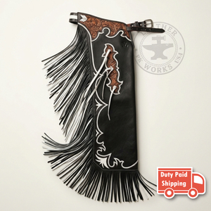 Pantalones de montar de cuero estilo western para hombre con flecos largos, diseño floral repujado y costuras decorativas, ideales para equitación. - Product Image 5