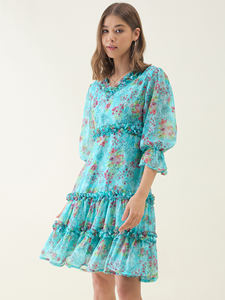 Robe évasée à imprimé floral bleu turquoise au design classique pour l'été, la plage, les vacances, les occasions décontractées et le quotidien, prix export - Product Image 4