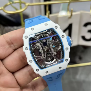 RM AMG Fully <b>Skeletonized</b> Tourbillon Tonneau-shaped Mechanical <b>Watch</b> Blue White blocked X-shaped Frame Men's Wristwatch - Product Image 2