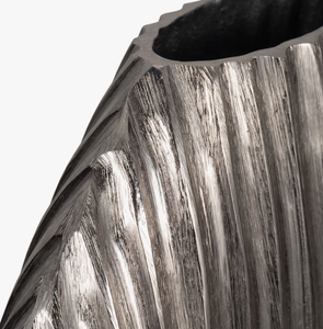 Modern Silver Metal <b>Vase</b> with Vertical Ribbed Texture Sculptural Pewter Finish Bud <b>Vase</b> with Wavy Fluted Design from India - Product Image 6
