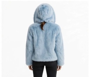 Women's Light Blue Faux Fur Stand Collar <b>Hooded</b> Overcoat Full Sleeve Pullover Closure Warm <b>Winter</b> Casual Long <b>Coat</b> Solid Color - Product Image 6