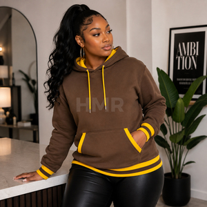 Sweat-shirt à capuche marron HMR Sorority Sisterhood avec bordure jaune, manches longues, poches, style décontracté, pour l'automne - Product Image 3
