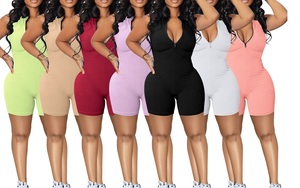 Women Pink Ribbed Sleeveless Halter <b>Jumpsuit</b> High Waist Zipper Front Bodycon Above Knee Skinny Fit Summer Club Wear - Product Image 6