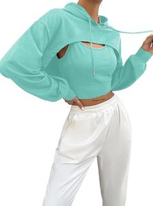 Sudadera Corta con Capucha para Mujer, Manga Larga, Color Sólido, Informal, para Primavera, Transpirable, Tejida, de Algodón y Spandex - Product Image 6