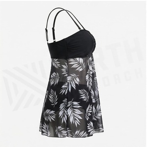 Women's Black Chiffon Swimdress With White Leaf Print Bandeau Top And <b>Skirt</b> Regular Fit Stretch Fabric - Product Image 3