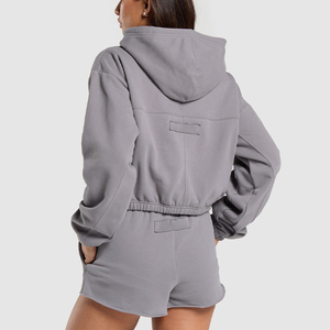 Sweat-shirt court oversize pour <span class=keywords><strong>femme</strong></span>, couleur unie, en molleton, avec capuche, <span class=keywords><strong>pull</strong></span> d'hiver, sweat à capuche court - Product Image 6