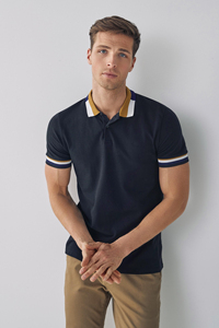 Camiseta de Hombre, Corte Regular, Tejido Jersey Transpirable, 340g, Algodón, Manga Corta, Ribete en Contraste, Estilo Casual, Azul Marino, Blanco, Dorado - Product Image 3