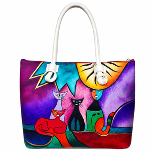 Bolso Tote de Cuero Genuino Pintado a Mano con Diseño Artístico de Gato, Bolso de Hombro Mediano para Mujer con Cierre Superior de Cremallera - Product Image 3