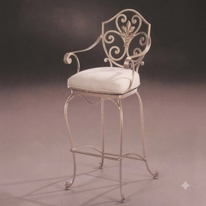 Chaise de bar moderne en fer forgé, tabouret de café classique en métal, chaise haute robuste pour extérieur, balcon, patio, avec accoudoirs fixes et coussin crème - Product Image 2