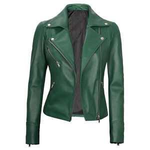 Green Genuine Leather Moto Jacket Women's Biker <b>Coat</b> <b>Zipper</b> Closure Breathable Winter Outerwear - Product Image 1