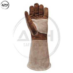 Guantes de soldadura TIG Wing Thumb de cuero, bicolor marrón tostado, de piel de vaca serraje, resistentes al calor, tipo guanteleta larga para trabajo. - Product Image 2