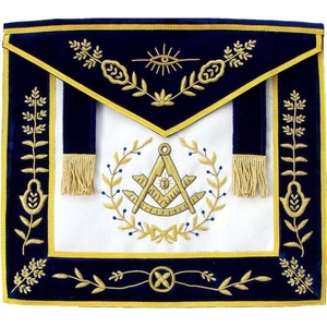 Tablier de maître de loge bleu en velours avec languettes latérales et broderie à la main en tresse dorée avec franges dorées - Product Image 1