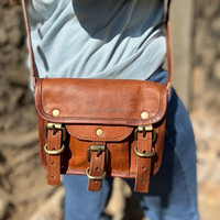 Tas selempang kulit kambing asli alami, buatan tangan, gaya Vintage tali tunggal dengan katun kulit asli kanvas lapisan pola permen
