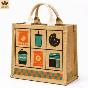 กระเป๋าช้อปปิ้งผ้ากระสอบเคลือบลามิเนต สำหรับงานโปรโมชั่น ขนาด 28x23x10 ซม. รับทำโลโก้ตามสั่ง ขายส่ง รุ่น PH-JT-07 - Product Image 1