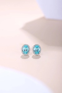 Classic 925 <b>Silver</b> <b>Stud</b> Earrings With Oval Blue Topaz And Diamond Halo For Women Everyday Wear - Product Image 4
