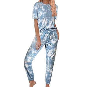 Women Tie Dye Two Piece Set Short Sleeve <b>Tee</b> Drawstring Jogger Pants Summer Loungewear Casual Wear Blue <b>White</b> Gradient - Product Image 4