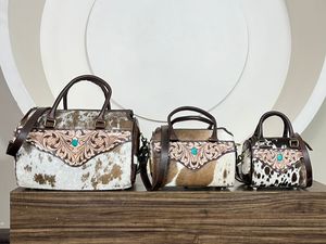 Western Cowhide Tooled Leather Mini Duffle Bag for Women's Crossbody Small Speedy <b>Handbag</b> Boutique Purse Travel Overnight Bag - Product Image 5