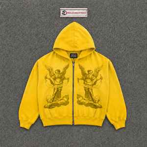 Sweat à capuche graphique Yellow Angel vintage oversize streetwear, motif ailes célestes, effet délavé, artistique, épais, unisexe, tendance - Product Image 5