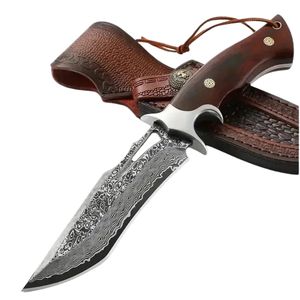 Cuchillo de caza personalizado OEM/ODM de 10 pulgadas, forjado a mano en Damasco, con hoja de punta de clip, mango de madera y funda de cuero (Grado DIY) - Product Image 1