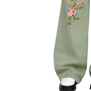 Jean large brodé floral vert sauge pour femme, taille haute, coupe ample vintage, décontracté, mode, personnalisé OEM ODM - Product Image 3