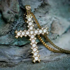 <b>Solid</b> 14K Yellow <b>Gold</b> Moissanite Cross Wedding <b>Pendant</b> 2 CT Excellent Round Cut Luxury Necklace - Product Image 1