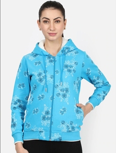 Sudadera con Capucha Azul con Estampado Floral para Mujer, Sudadera de Punto con Cierre de Cremallera y Manga Larga, Estilo Otoñal, Corte Regular, Transpirable - Product Image 3