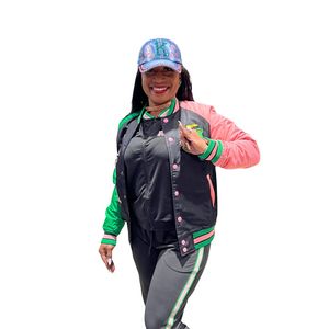 AKA Black Green <b>Pink</b> Varsity Bomber <b>Jacket</b> Women's Satin Letterman Outerwear With Embroidered Greek Style Design - Product Image 1