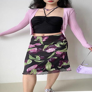 Jupe crayon mini à imprimé floral taille haute pour femme, style printemps, en viscose et polyester doux - Product Image 1