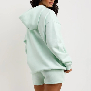 Sudadera con capucha verde menta para mujer, con cordón y bolsillos laterales, corte holgado informal, manga larga, color liso, para primavera - Product Image 2